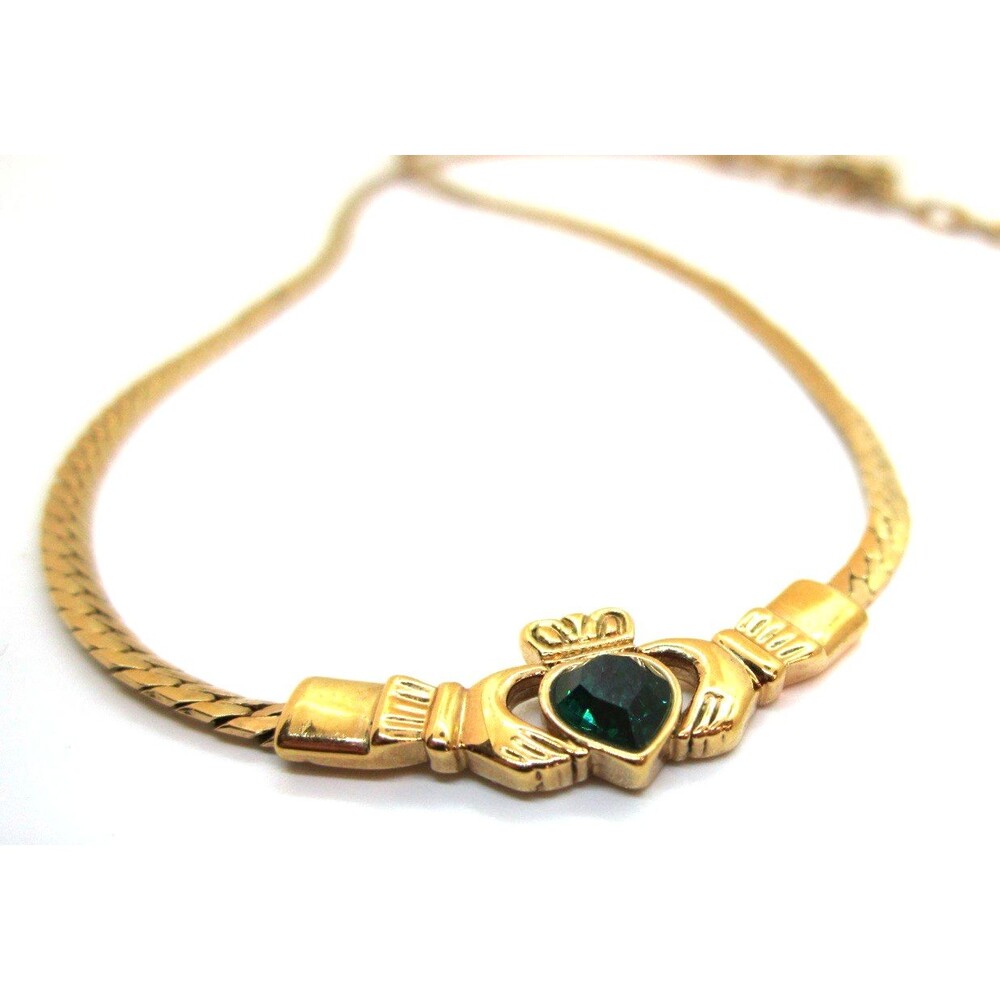 Claddagh Gold-Tone Pendant Necklace Green Rhinestone 15-17” adjustable Sol D'or